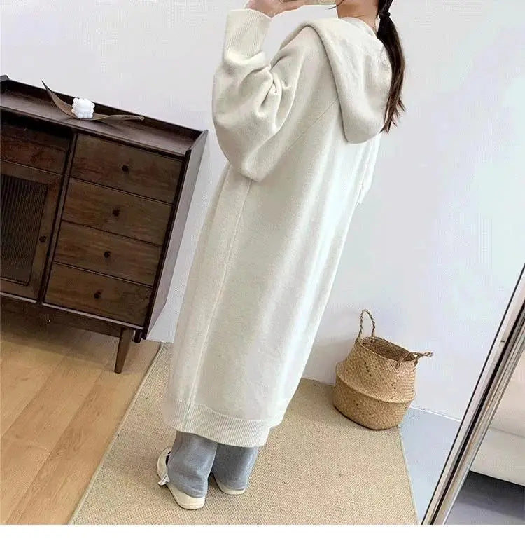 Korean Style Idle Style Hooded Long Below The Knee Knitted Cardigan For Women