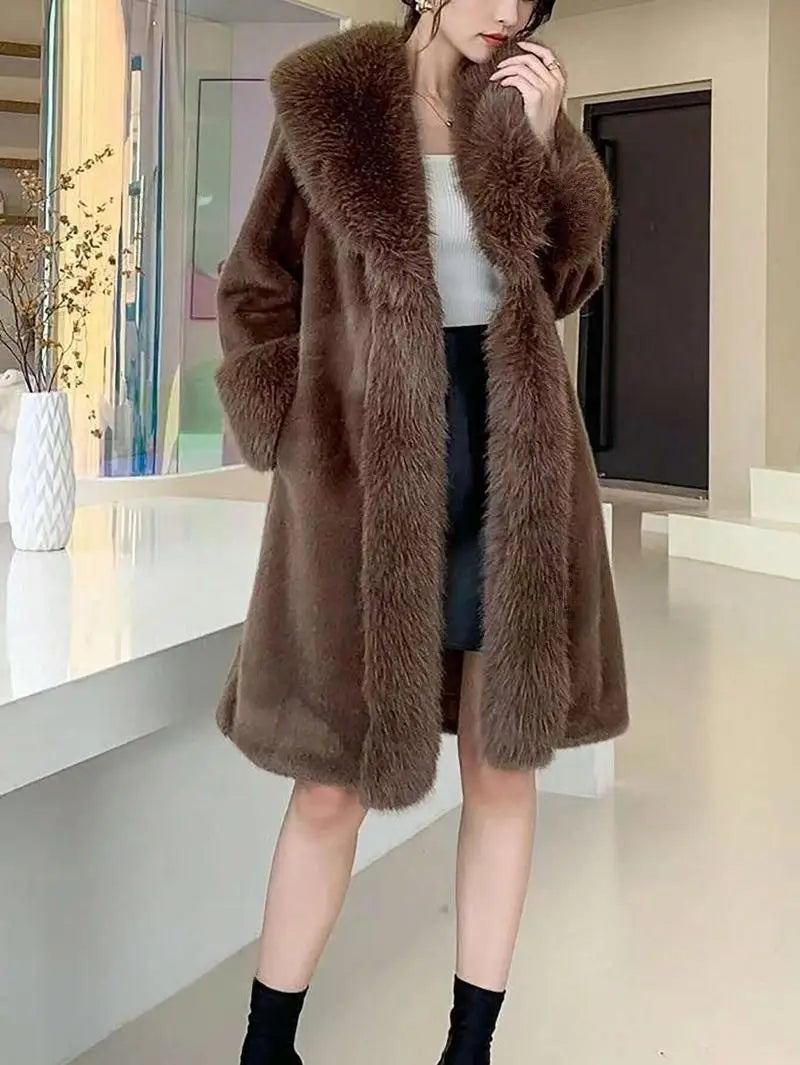 Women’s Thick Faux Rabbit Fur Mid-Length Leather Coat | same ANTHEM.