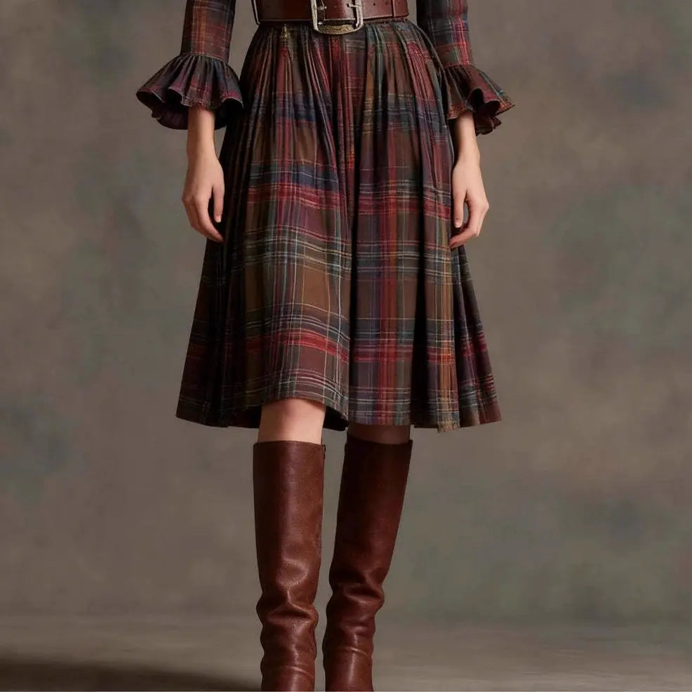 Retro Plaid Slimming Dress With Flared Sleeves For Women