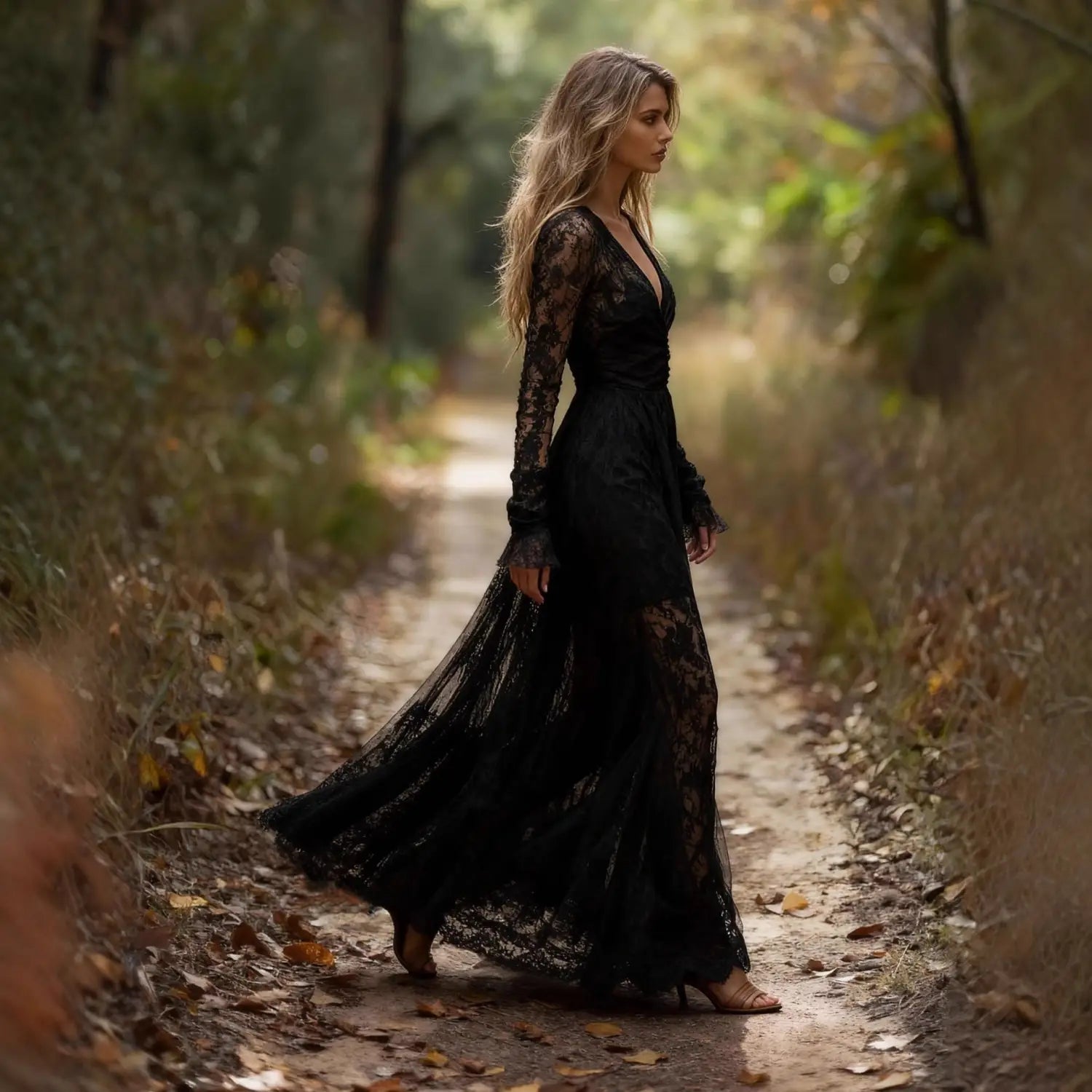 Stylish Long-sleeve V-neck Patchwork Maxi Dress