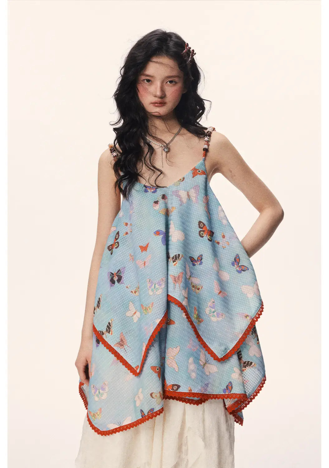 Butterfly Beaded Cute Girly Style Sling Short Dress