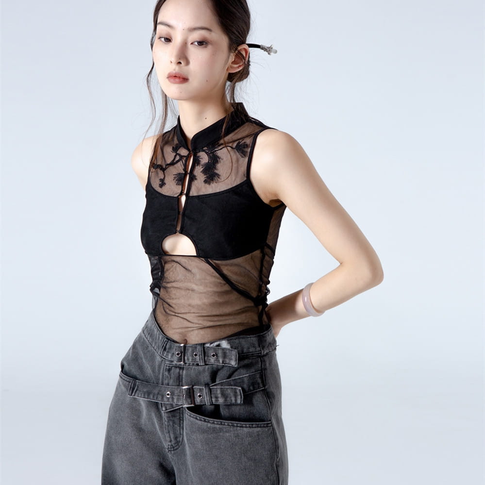 Embroidered Black Gauze Top | same ANTHEM.