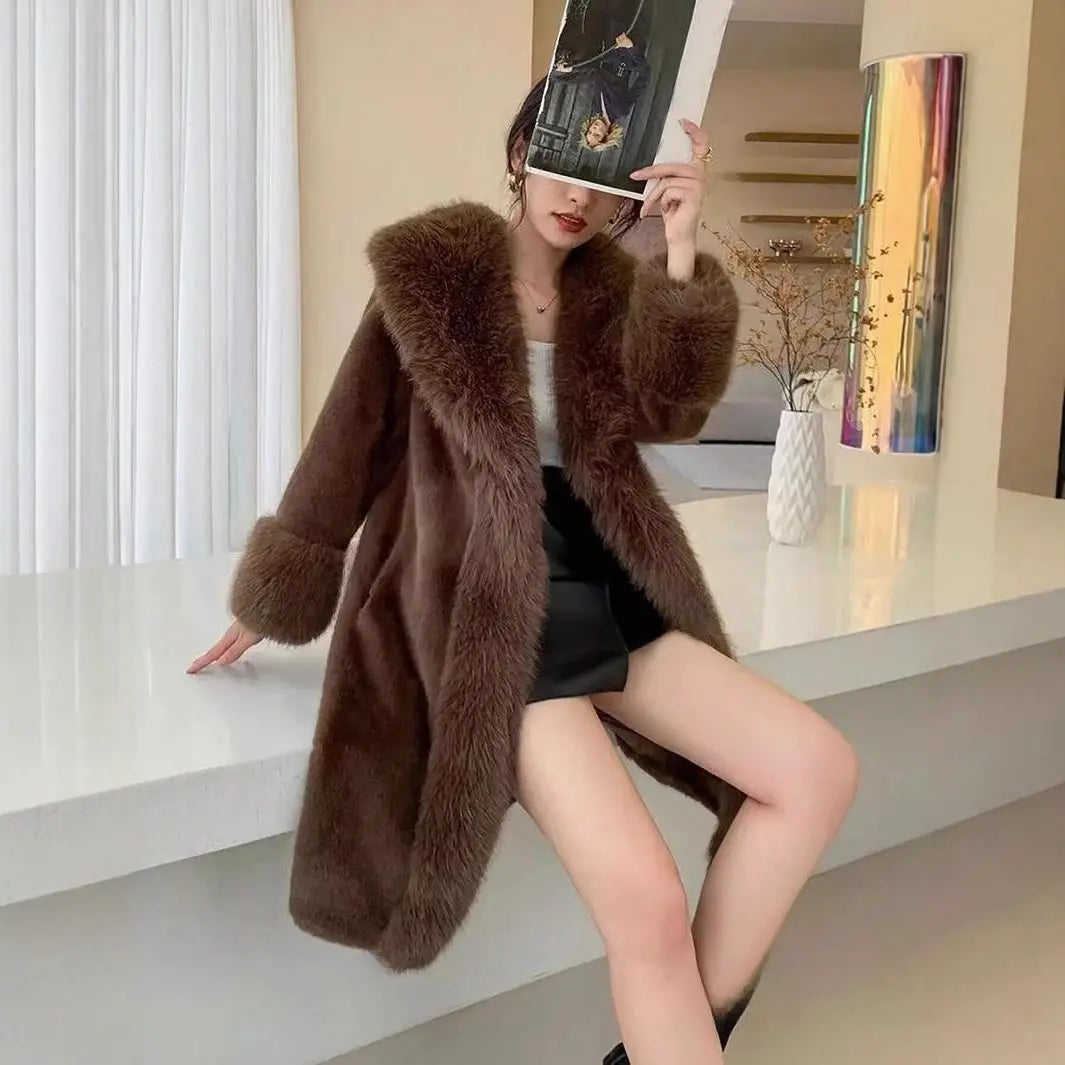 Women’s Thick Faux Rabbit Fur Mid-Length Leather Coat | same ANTHEM.