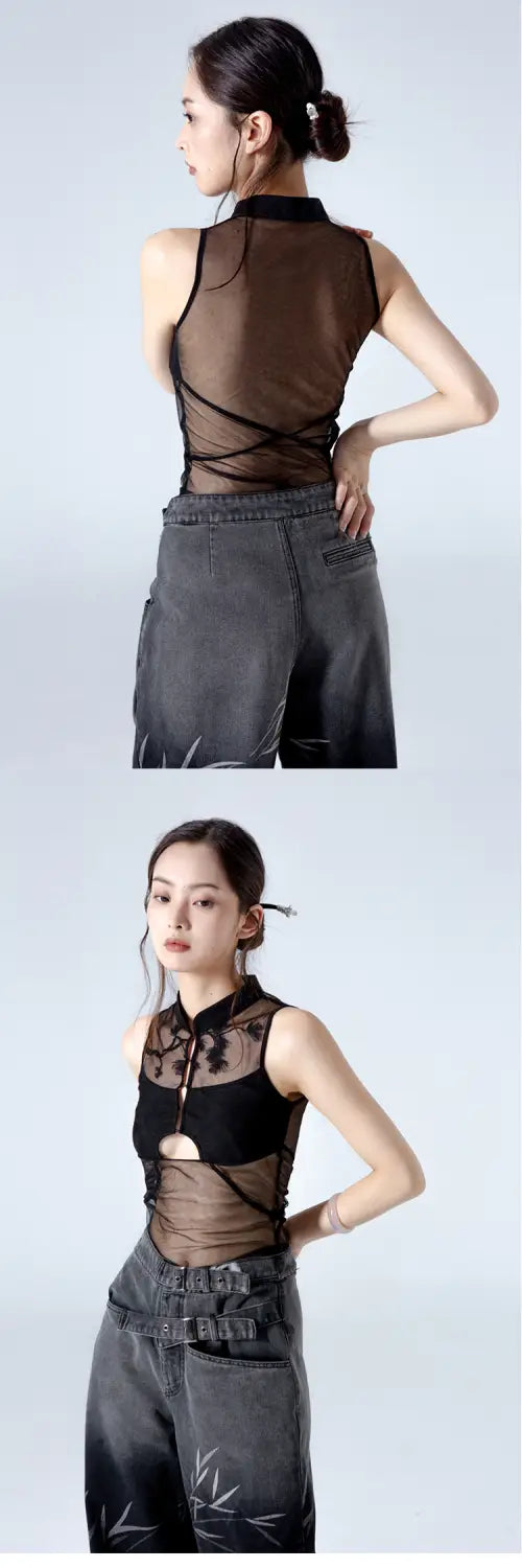 Embroidered Black Gauze Top | same ANTHEM.