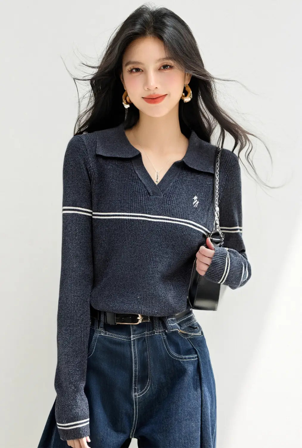 Women’s Polo Neck Striped Knit Sweater | same ANTHEM.