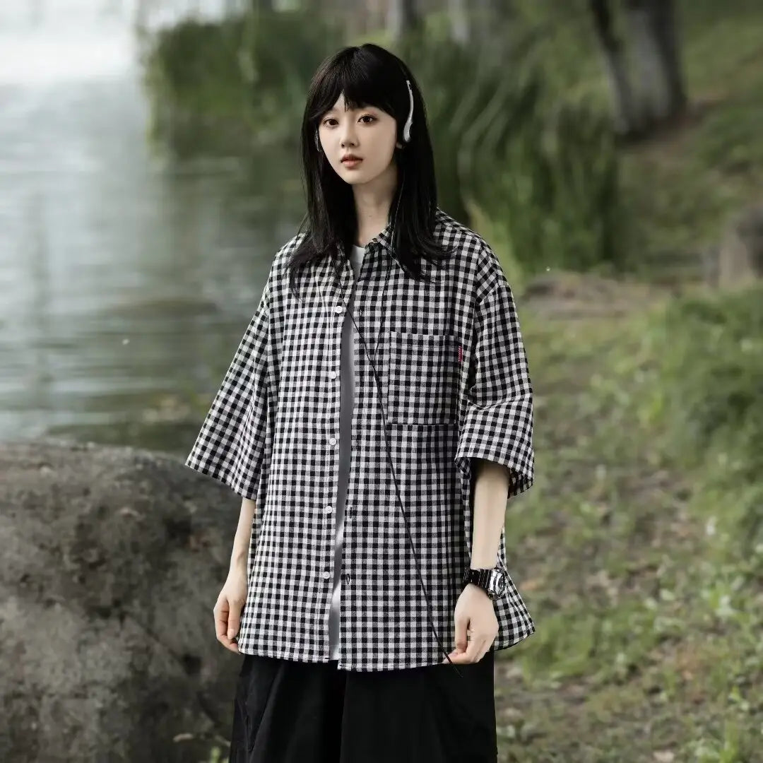 Retro Relaxed-fit Casual Three-quarter-sleeve Shirt