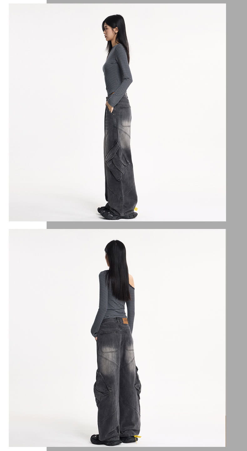 Women’s Water-Washed Flare Cargo Denim Pants – Baggy Streetwear Trousers | same ANTHEM Fashion