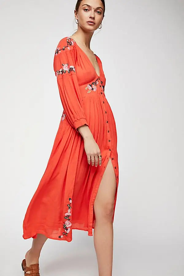 Boho Embroidered V-Neck Long Dress – Summer Split Robe | same ANTHEM