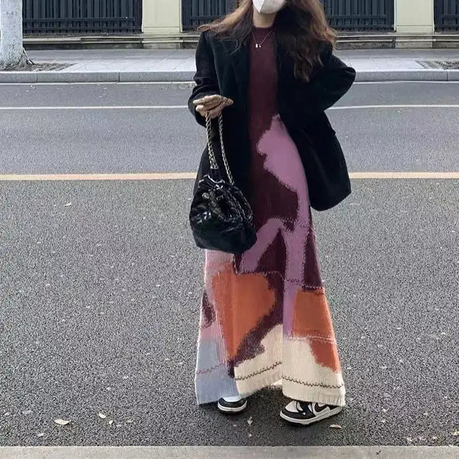 Contrasting Pattern Mohair Knitted Dress | same ANTHEM.