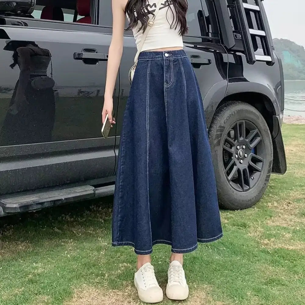 A-Line Denim Skirt for Soulmates | Mid-Length Dream Look – Same ANTHEM - Dark Blue / 2XL