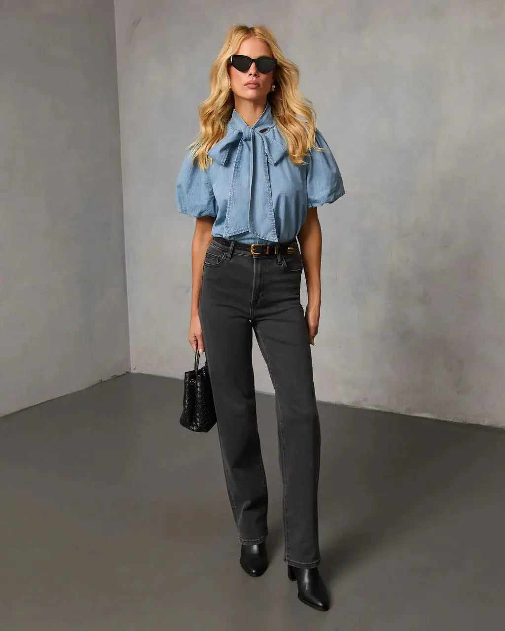 Retro Loose-fit Collar Denim Shirt With Bow-tie Tie-up