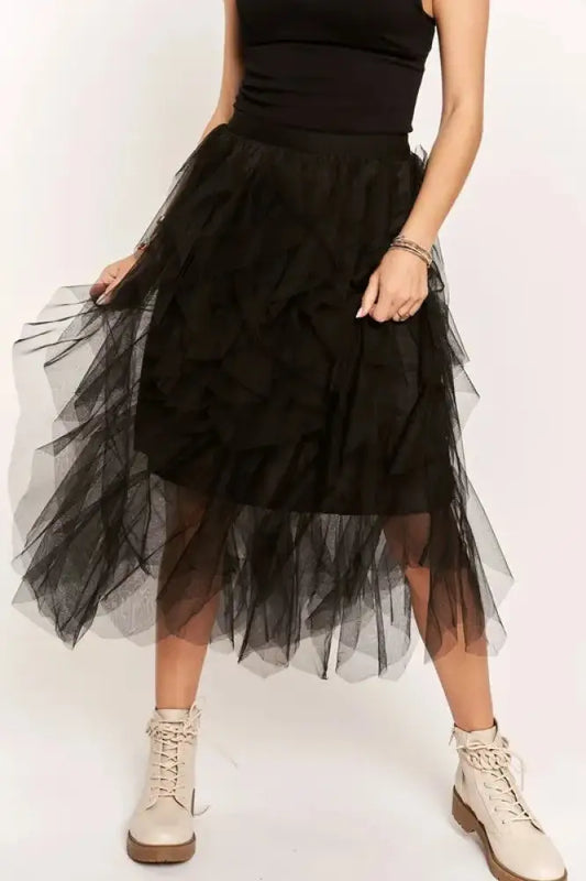 ADORA Ruffled Elastic Waist Midi Skirt | Dreamy Romantic Chic | same ANTHEM - Black / S