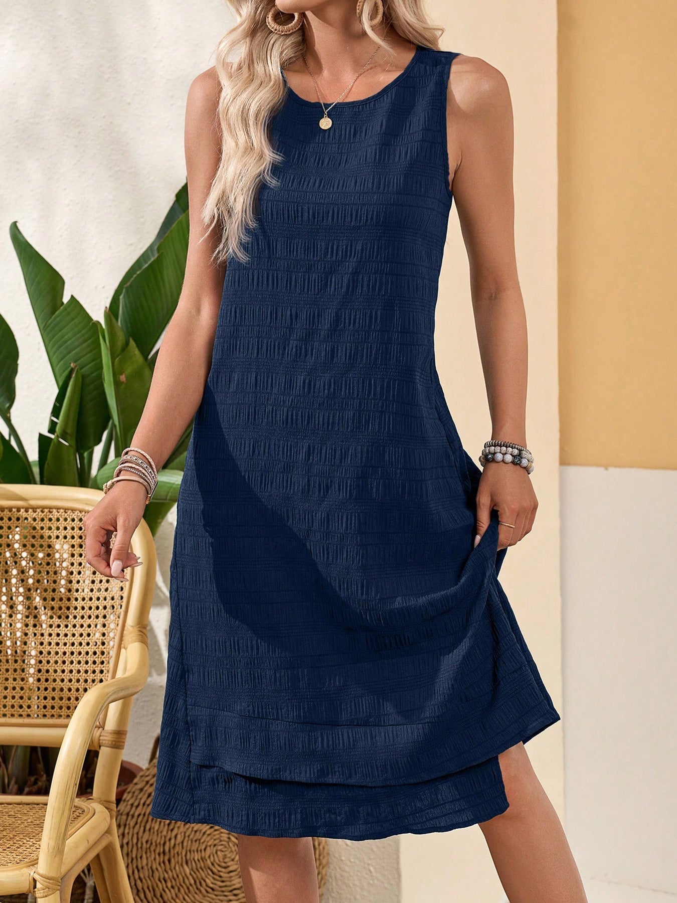 All-Match Sleeveless Round Neck Dress | Romantic & Everyday Dress for Lovers & Soulmates | Same Anthem - Navy Blue / L