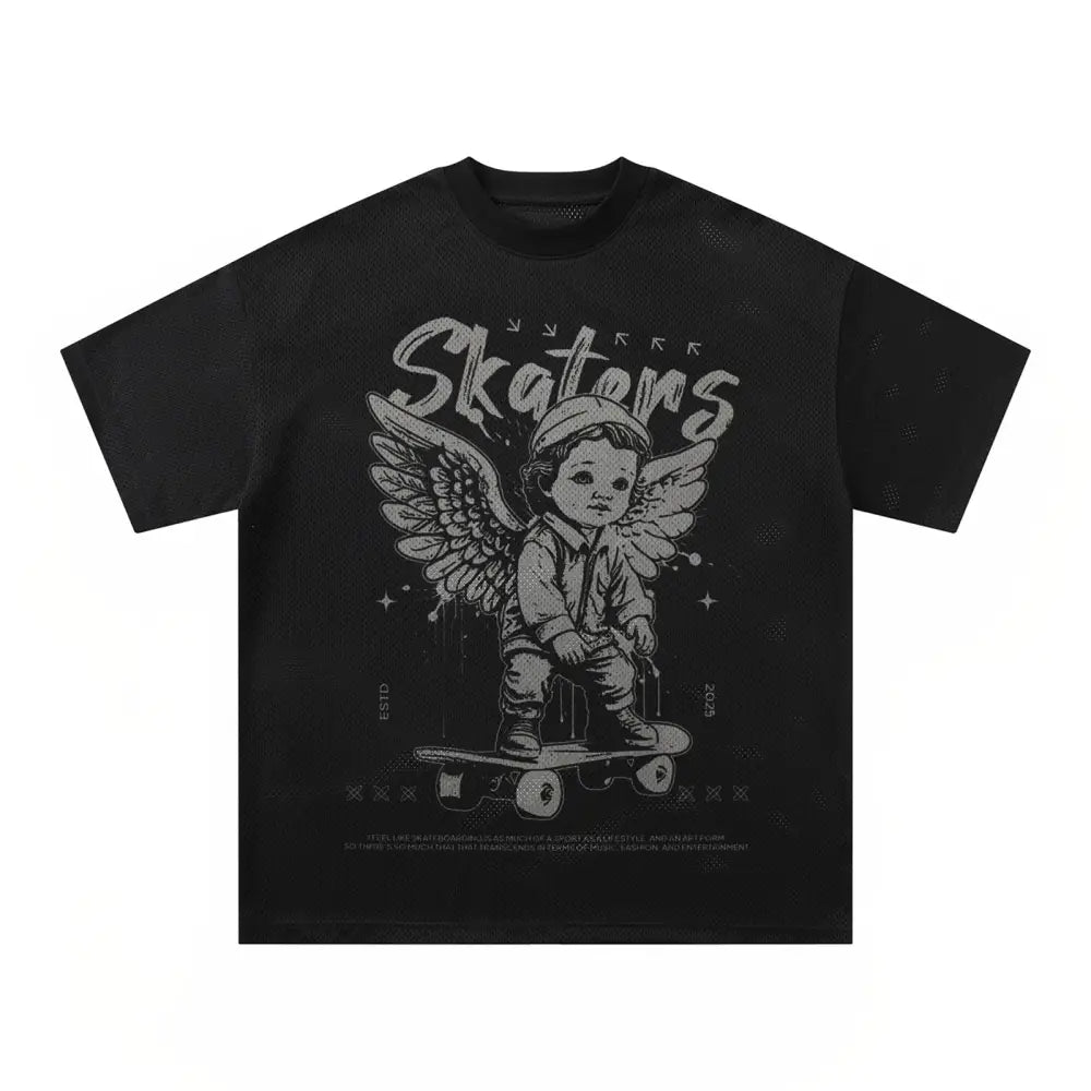 Angel Mesh Breathable Streetwear T-Shirt – Loose Skate Wear | same ANTHEM - Black / S