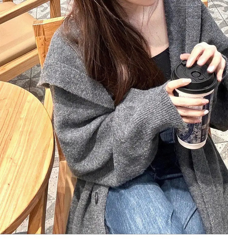 Korean Style Idle Style Hooded Long Below The Knee Knitted Cardigan For Women