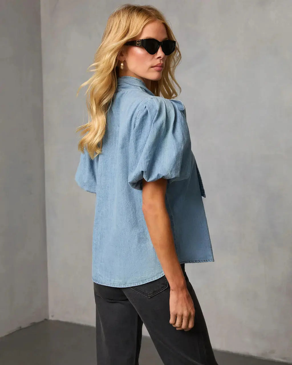 Retro Loose-fit Collar Denim Shirt With Bow-tie Tie-up