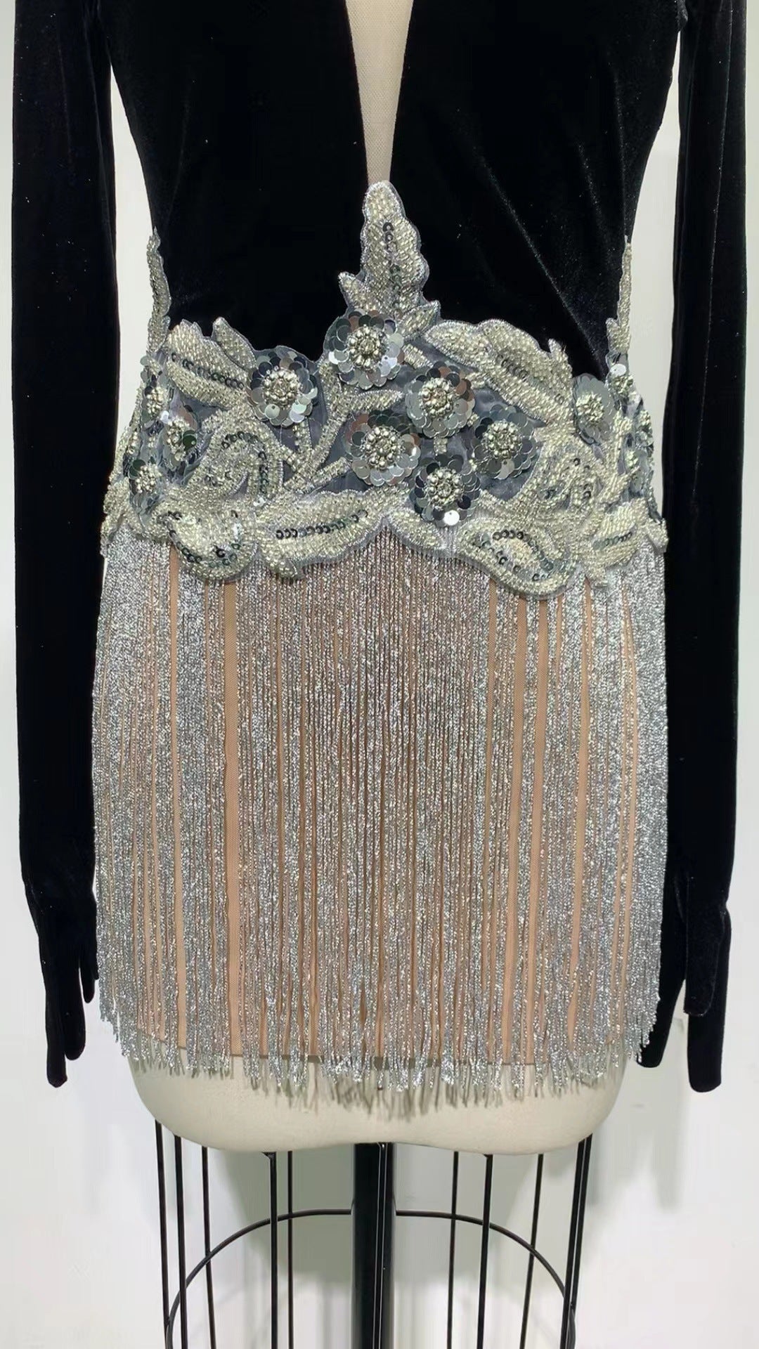 Beaded Sequin Fringed Sleeveless Glove Dress - Bag