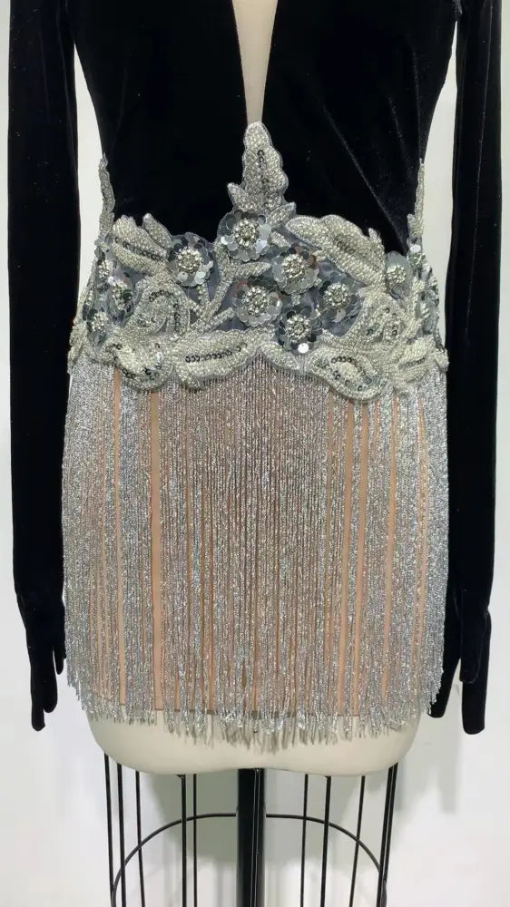 Beaded Sequin Fringed Sleeveless Glove Dress - Bag