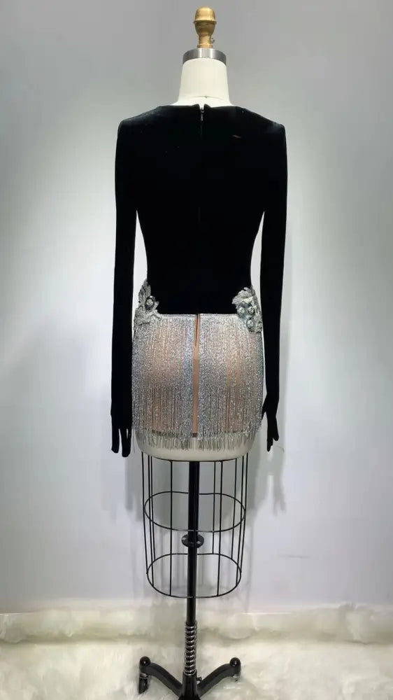 Beaded Sequin Fringed Sleeveless Glove Dress - Bag