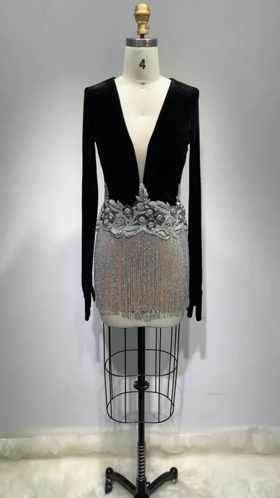 Beaded Sequin Fringed Sleeveless Glove Dress - Black / L - Bag