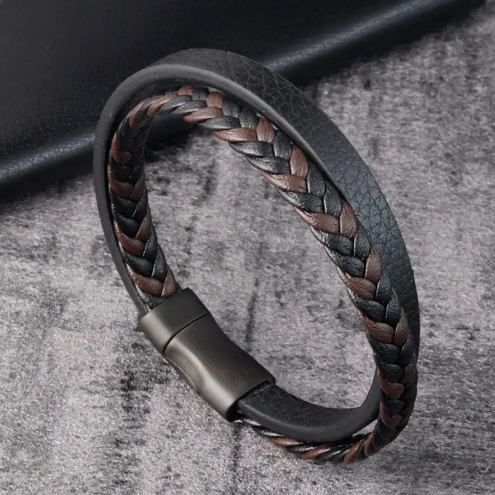 Black Braided Leather & Steel Bracelet – same ANTHEM. Soulmate Streetwear for Men - 21cm