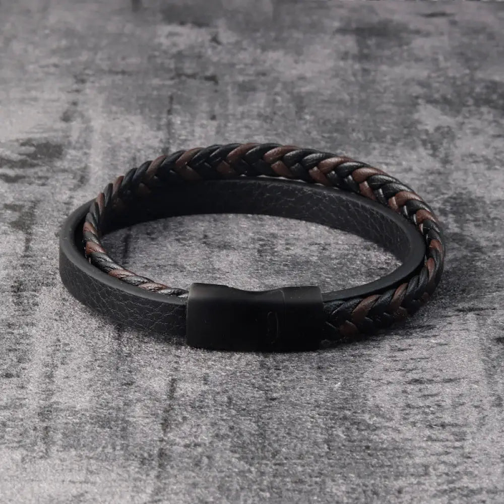 Black Braided Leather & Steel Bracelet – same ANTHEM. Soulmate Streetwear for Men - 21cm