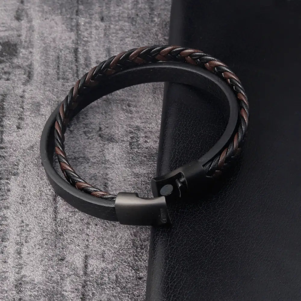 Black Braided Leather & Steel Bracelet – same ANTHEM. Soulmate Streetwear for Men - 21cm
