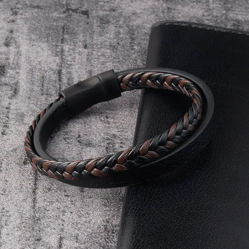 Black Braided Leather & Steel Bracelet – same ANTHEM. Soulmate Streetwear for Men - 21cm