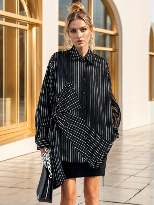 Black Striped Bow Blouse – Japanese Chic Streetwear | same ANTHEM - Black / One Size