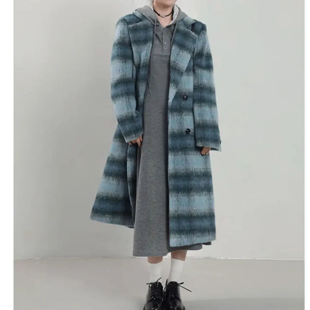 Blue Plaid Woolen Overcoat for Women | same ANTHEM. Soulmate Streetwear - Blue plaid pattern / S