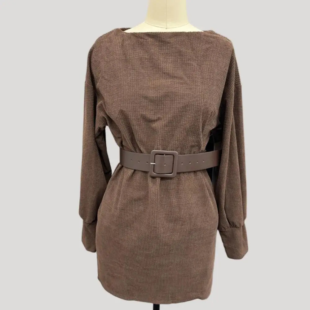 Women’s Brown Bodycon Mini Dress Boat Neck Long Sleeve Casual Dress With Belt - Dress