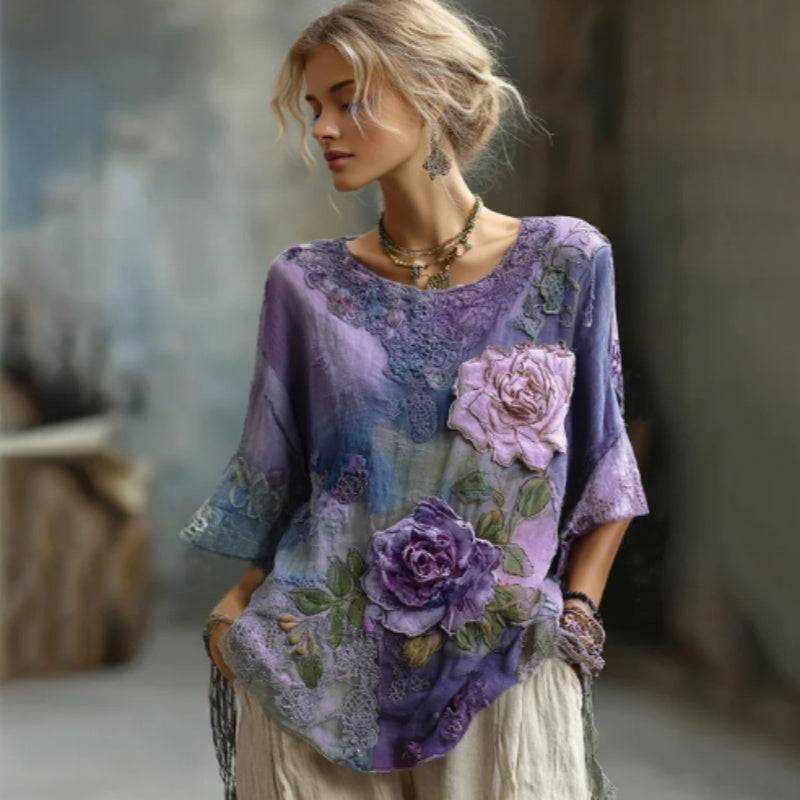 Woman wearing a floral blouse with a blurred background