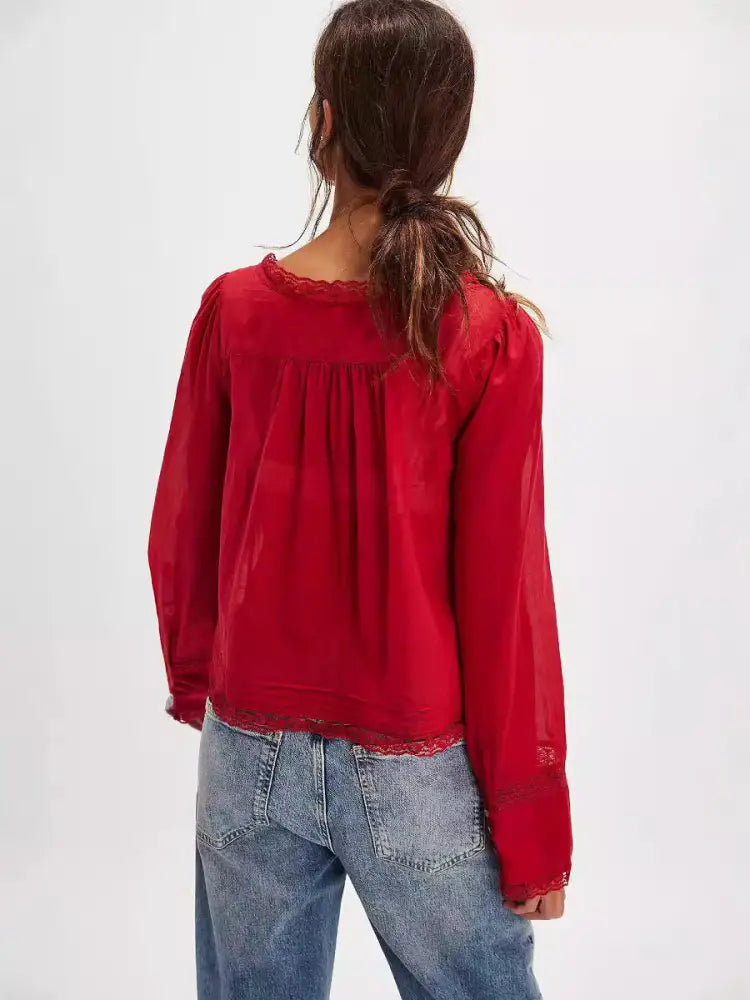 Boho Chic Lace Long Sleeve Shirt – Soulmate Style | same ANTHEM - Wine Red / L