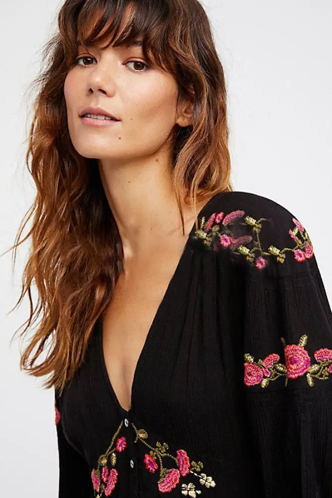 Boho Embroidered V-Neck Long Dress – Summer Split Robe | same ANTHEM - Black / S
