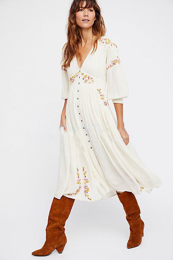 Boho Embroidered V-Neck Long Dress – Summer Split Robe | same ANTHEM