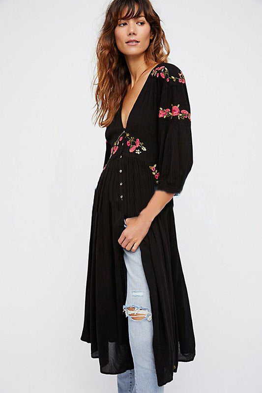 Boho Embroidered V-Neck Long Dress – Summer Split Robe | same ANTHEM