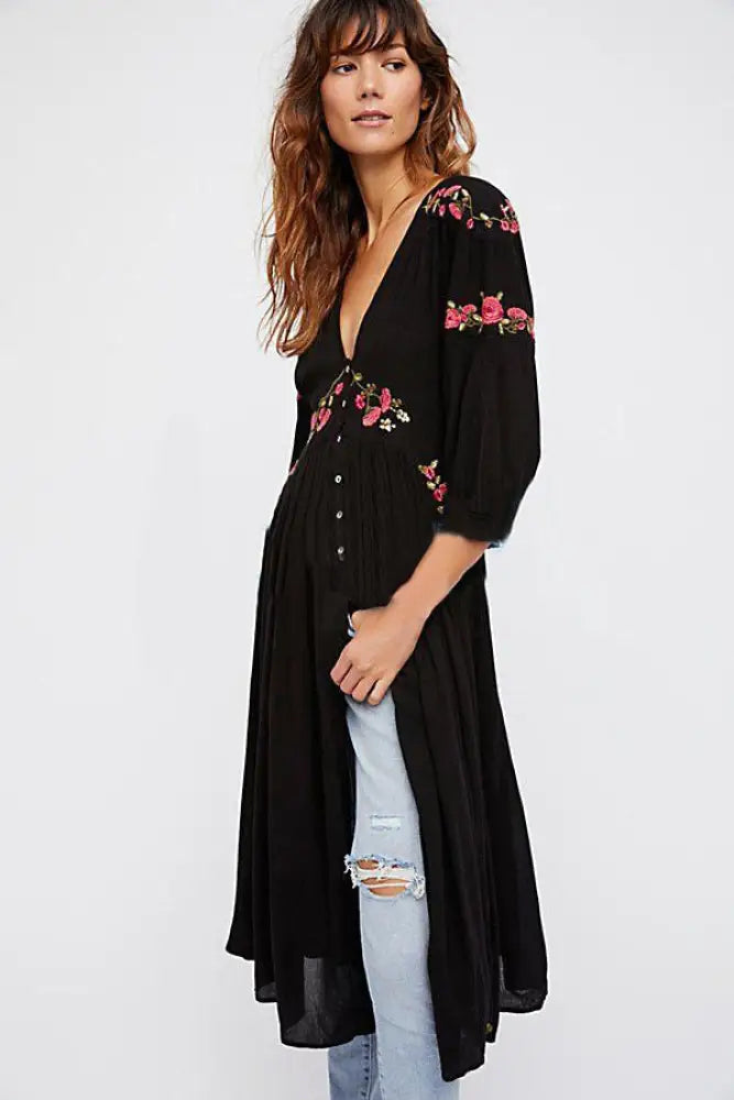 Boho Embroidered V-Neck Long Dress – Summer Split Robe | same ANTHEM