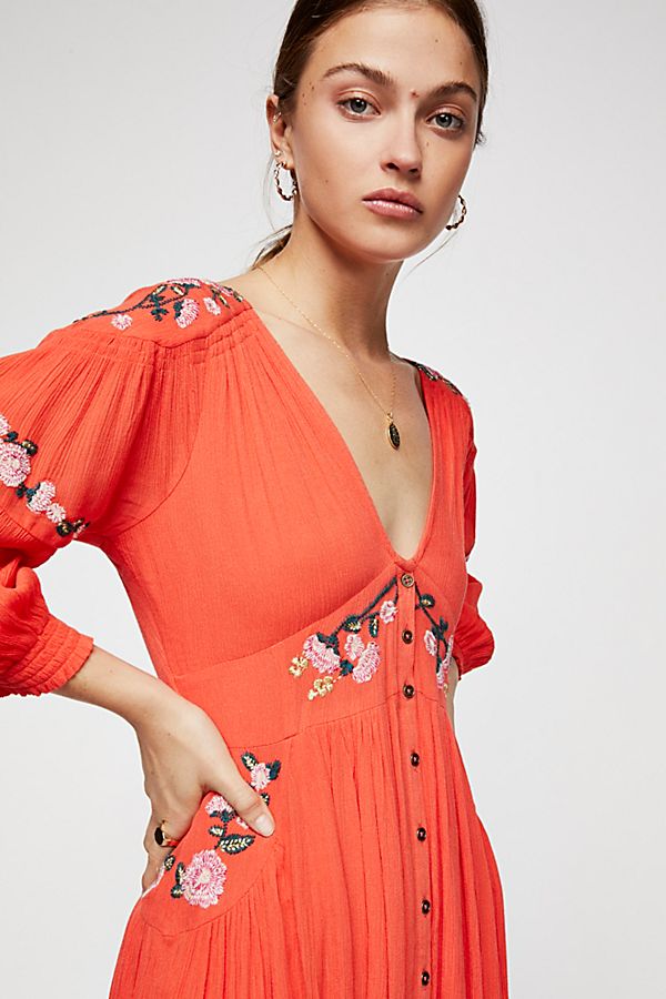 Boho Embroidered V-Neck Long Dress – Summer Split Robe | same ANTHEM - Orange / S