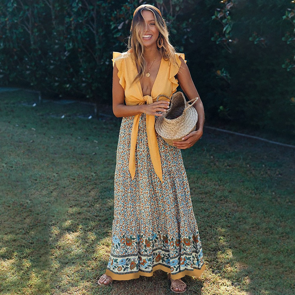 Boho Floral Maxi Skirt – same ANTHEM | Soulmate Streetwear for Lovers & Friends - Beige / S