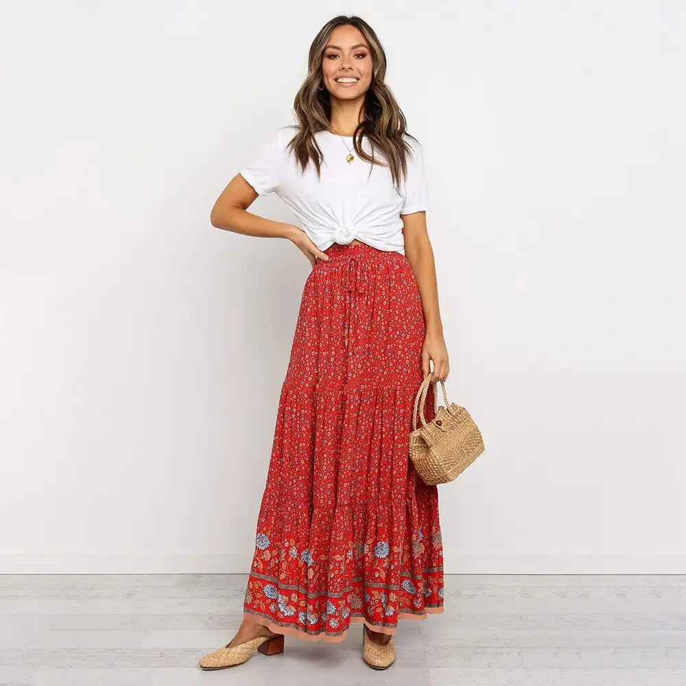 Boho Floral Maxi Skirt – same ANTHEM | Soulmate Streetwear for Lovers & Friends - Red / S