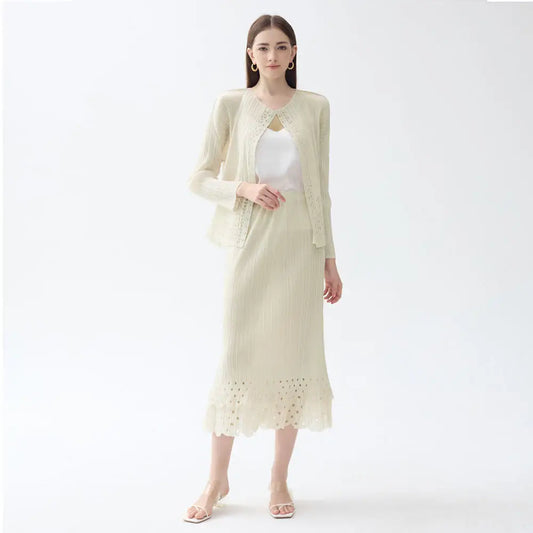 Boho Hollow Cardigan & Skirt Set – same ANTHEM - Apricot / One size