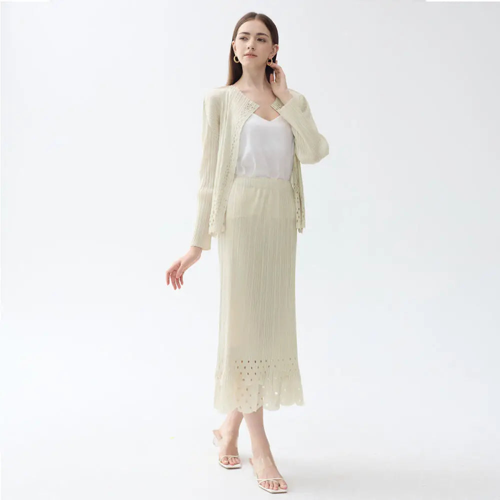 Boho Hollow Cardigan & Skirt Set – same ANTHEM - Apricot / One size