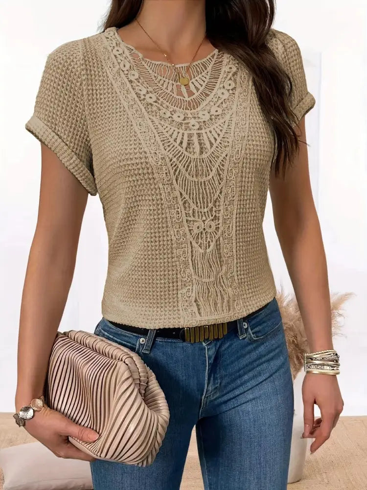 Boho Hollow-Out Summer Ethnic Top | same ANTHEM - Khaki / L
