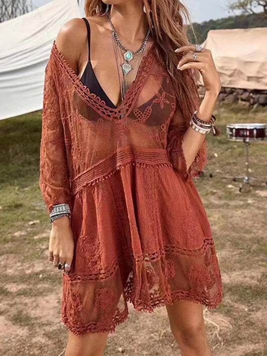 Boho Lace Beach Dress – same ANTHEM - Rust / One Size