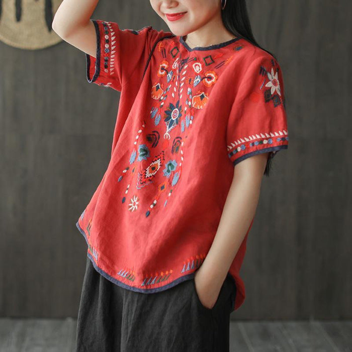 Boho Mian Embroidered Vintage Top – A Retro Charm with Modern Elegance | same ANTHEM. - Red / 2XL
