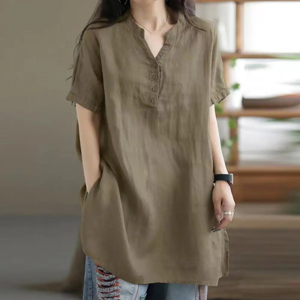 Boho V-Neck Button Tee – same ANTHEM Dreamy & Free-Spirited Fashion - Khaki / L