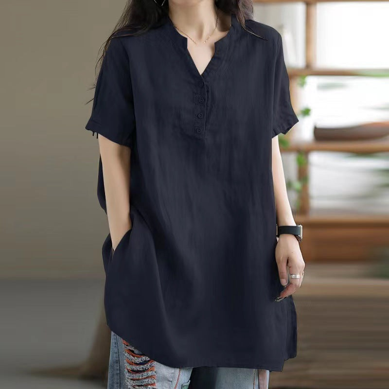 Boho V-Neck Button Tee – same ANTHEM Dreamy & Free-Spirited Fashion - Dark Blue / L