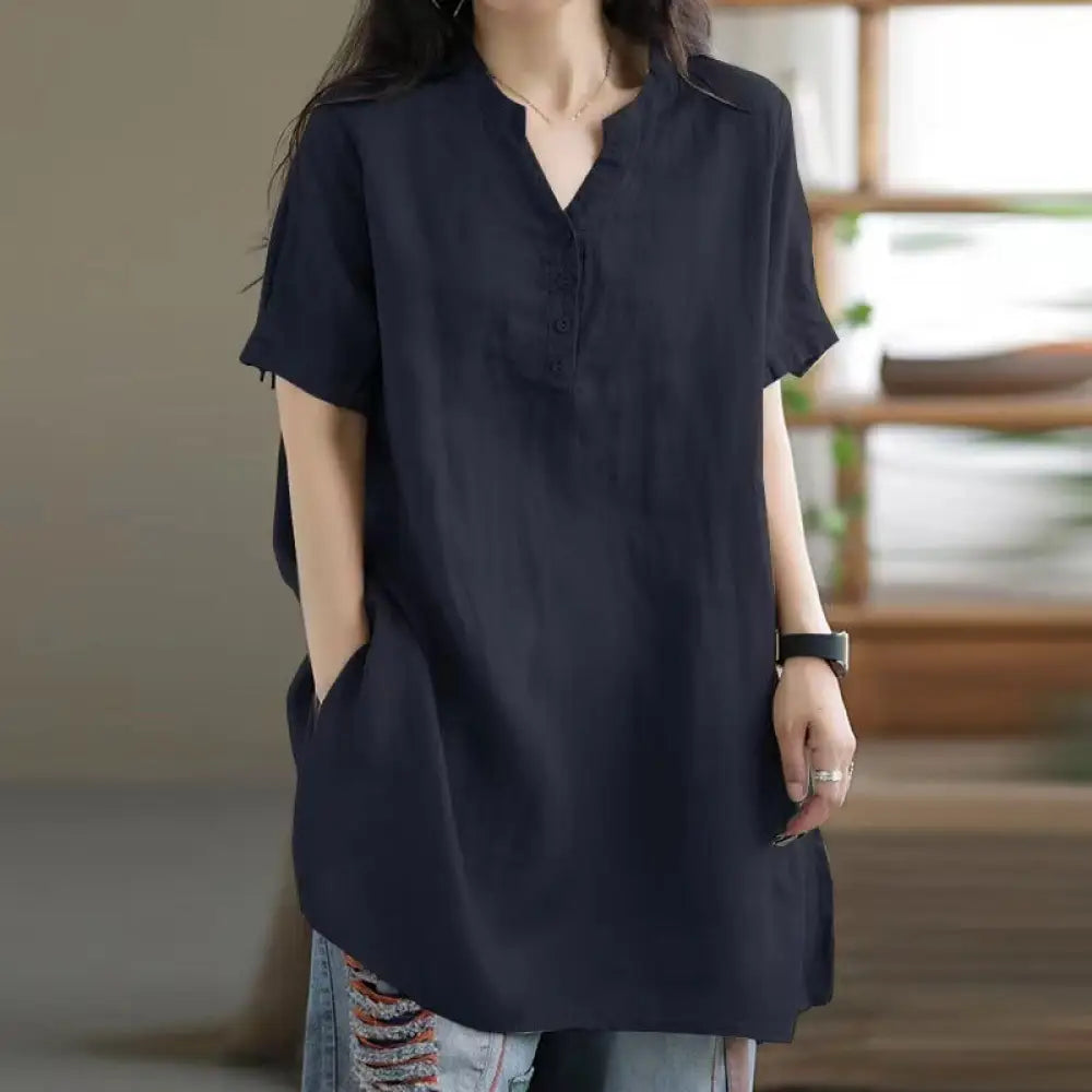 Boho V-Neck Button Tee – same ANTHEM Dreamy & Free-Spirited Fashion - Dark Blue / L
