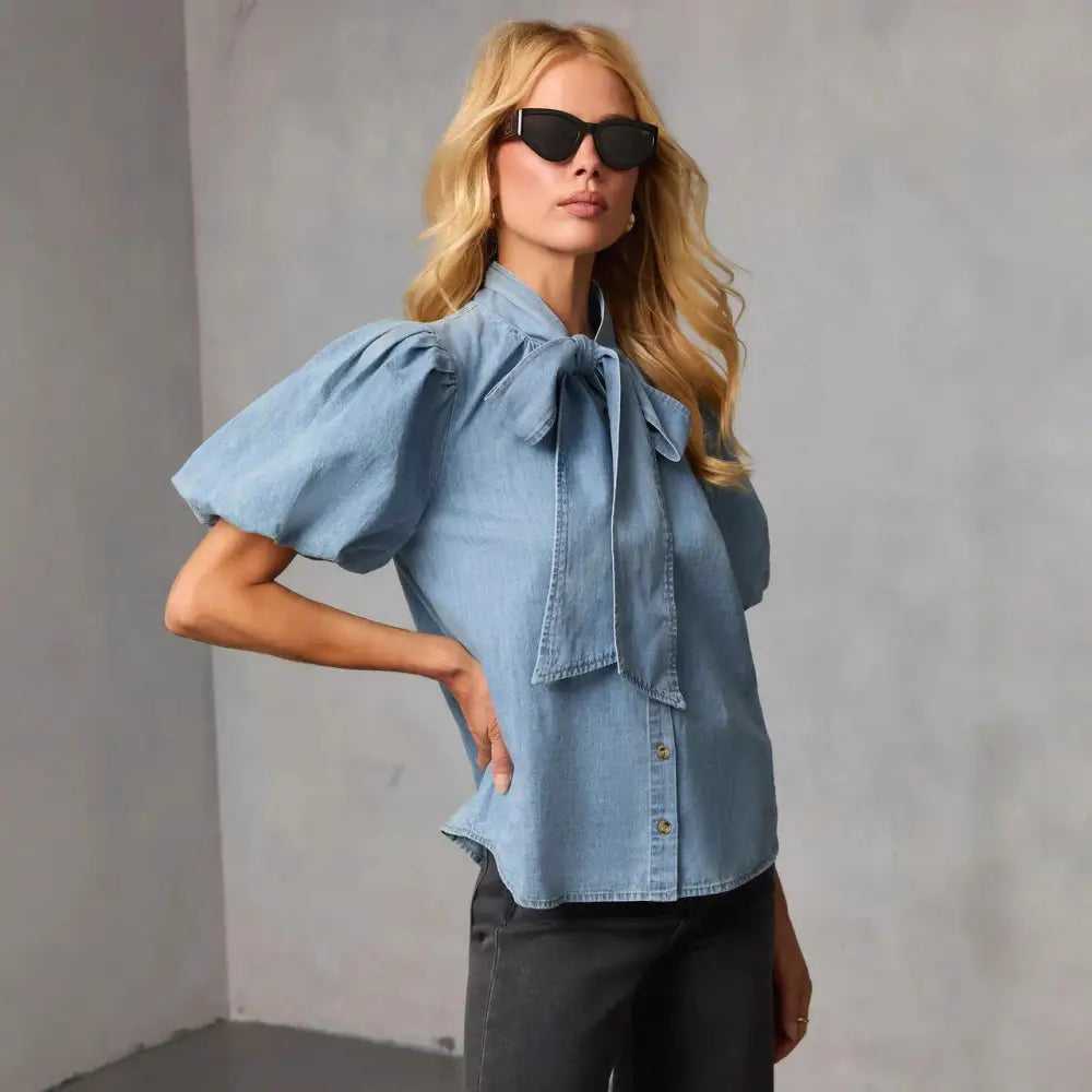 Retro Loose-fit Collar Denim Shirt With Bow-tie Tie-up - Top