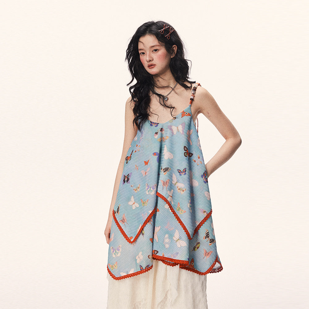 Butterfly Beaded Cute Girly Style Sling Short Dress - Bag